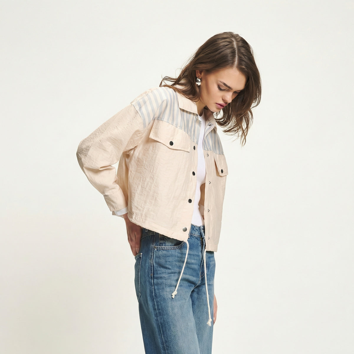 Oversized Cropped Shacket in Beige mit Streifenmuster