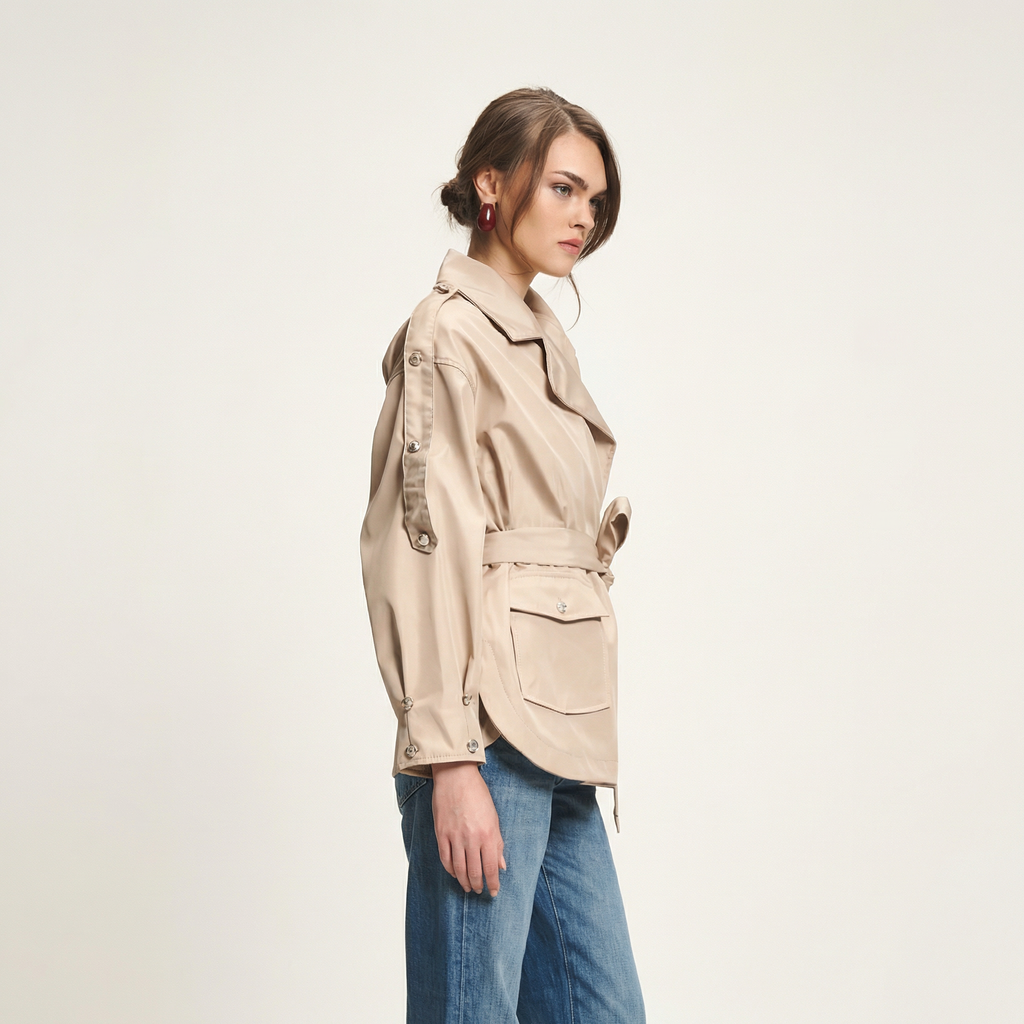 Elegant Beige Short Trench Coat with Adjustable Tie Waist