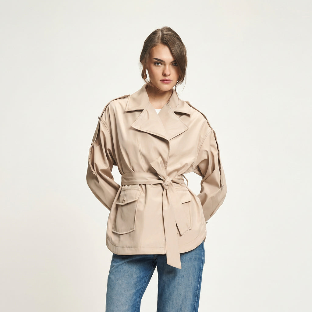 Elegant Beige Short Trench Coat with Adjustable Tie Waist