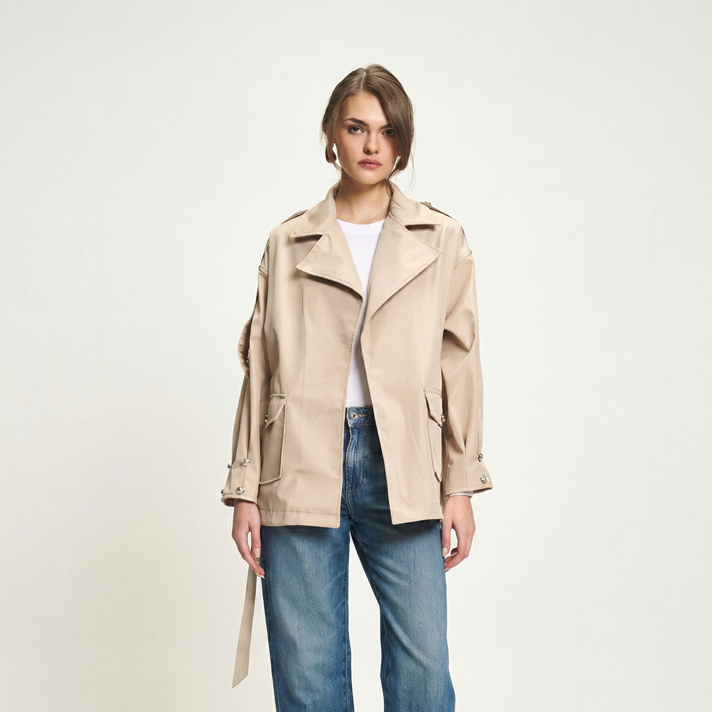 Elegant Beige Short Trench Coat with Adjustable Tie Waist