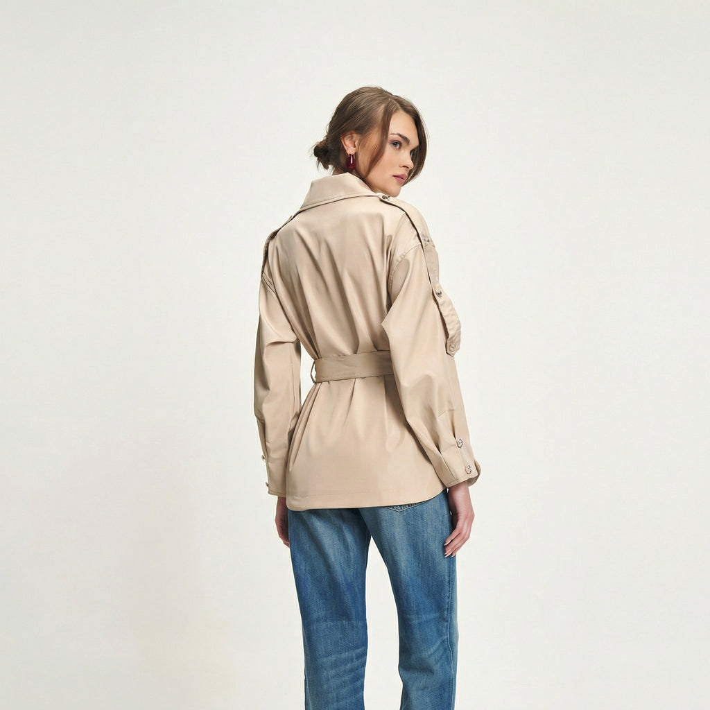 Elegant Beige Short Trench Coat with Adjustable Tie Waist