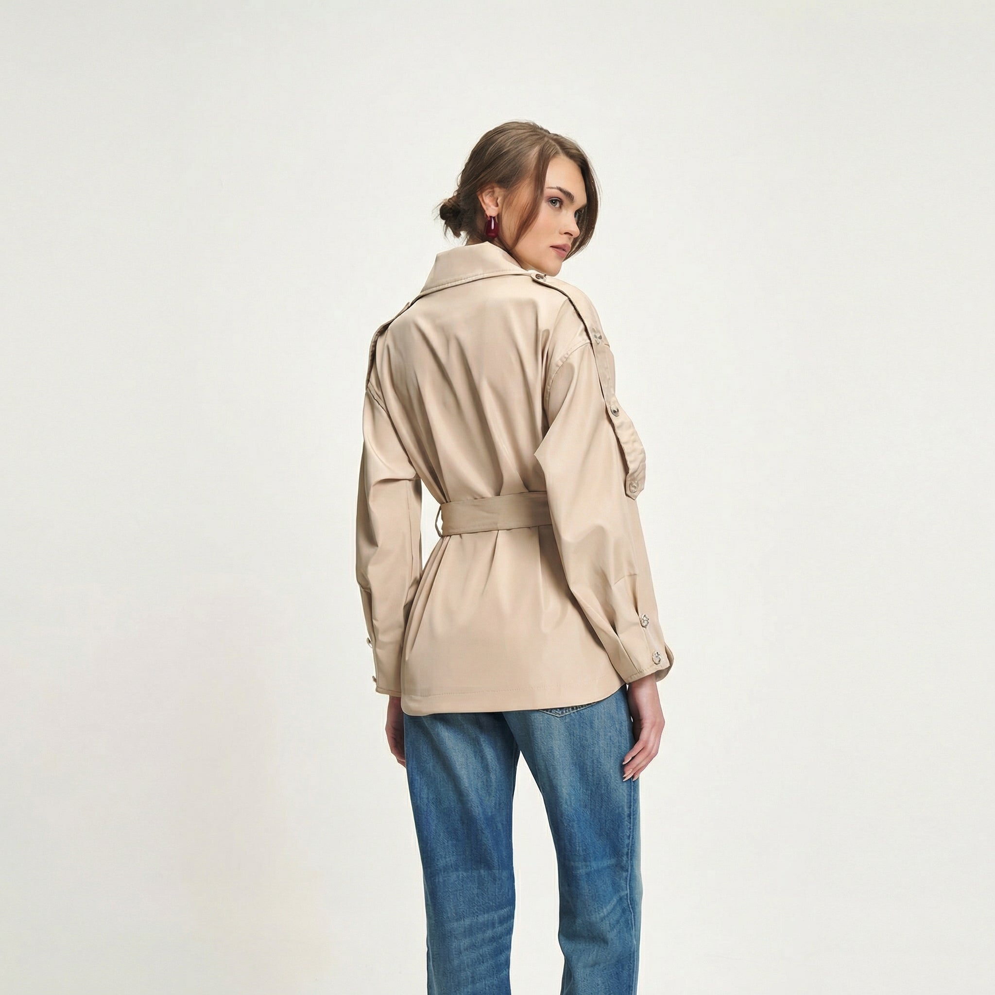 Elegant Beige Short Trench Coat with Adjustable Tie Waist