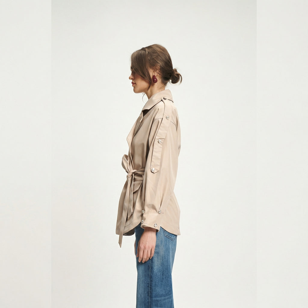 Elegant Beige Short Trench Coat with Adjustable Tie Waist