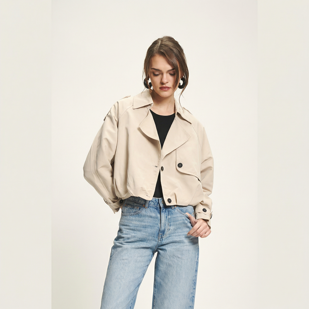 Beige Single-Breasted Cropped Trench Coat with Notched Collar