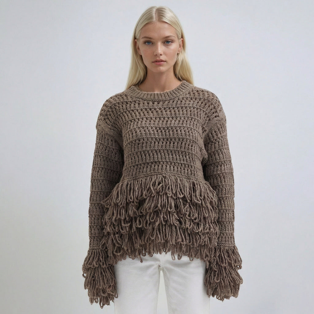 Großgeschnittener Häkel-Pullover mit Fransen-Details in Braun
