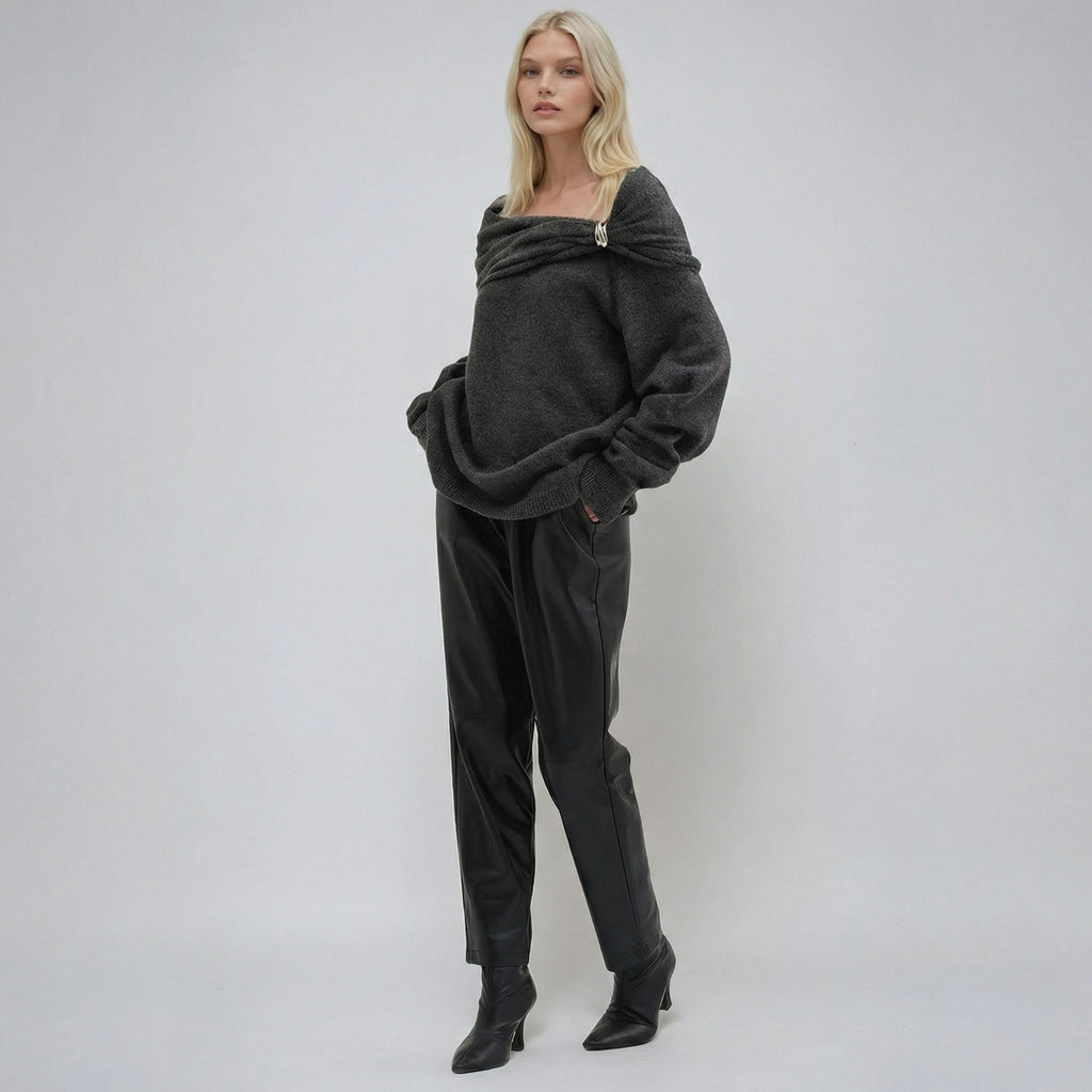 Grey Oversized Off-the-Shoulder Jumper with Clasp