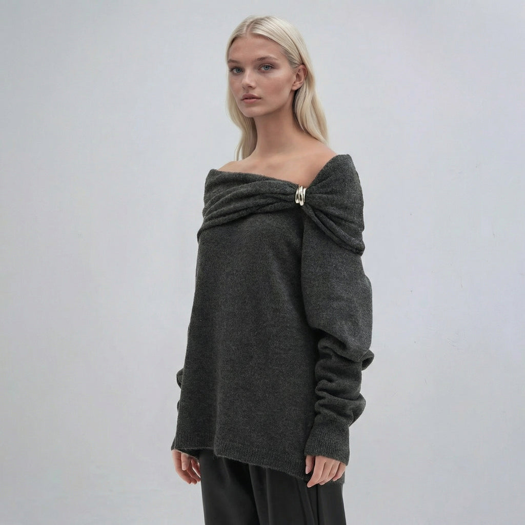 Grey Oversized Off-the-Shoulder Jumper with Clasp