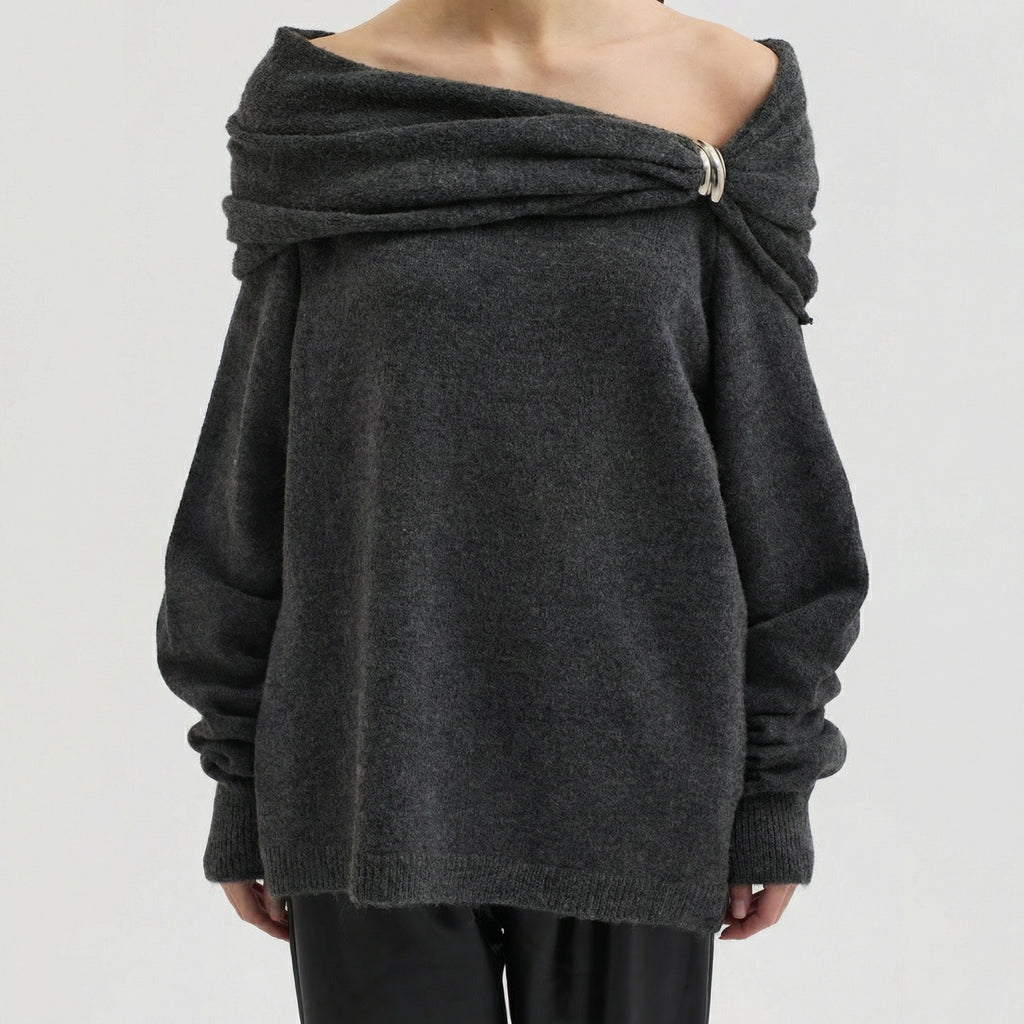 Grey Oversized Off-the-Shoulder Jumper with Clasp