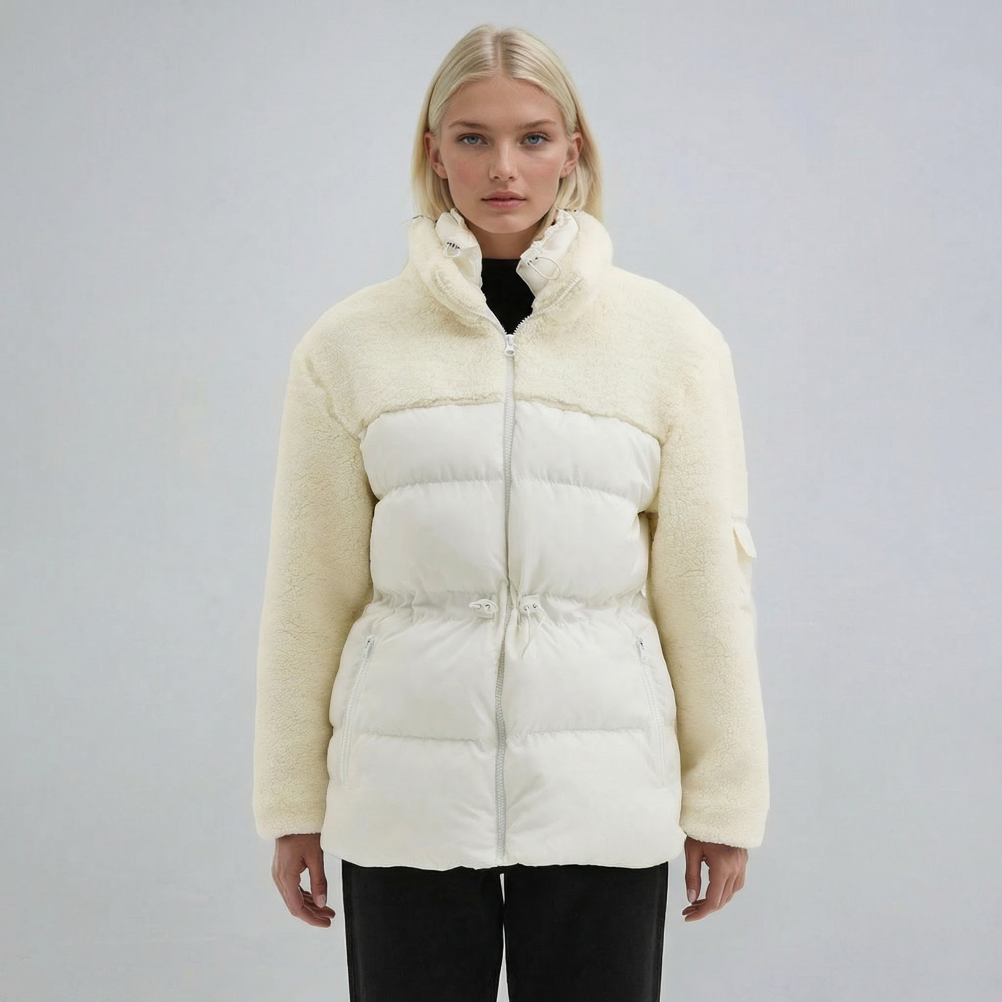 Weißer Hybrid-Steppmantel mit Stehkragen und Fleece-Einsätzen
