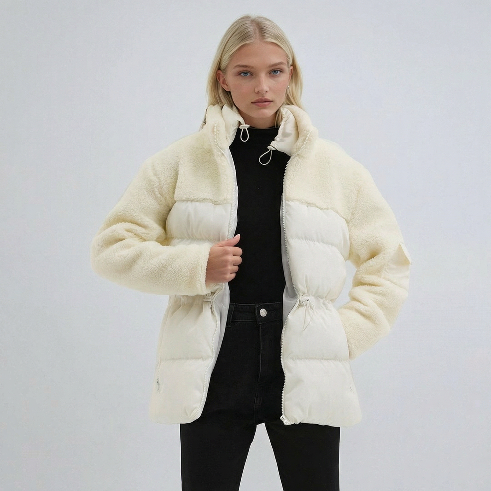 Weißer Hybrid-Steppmantel mit Stehkragen und Fleece-Einsätzen