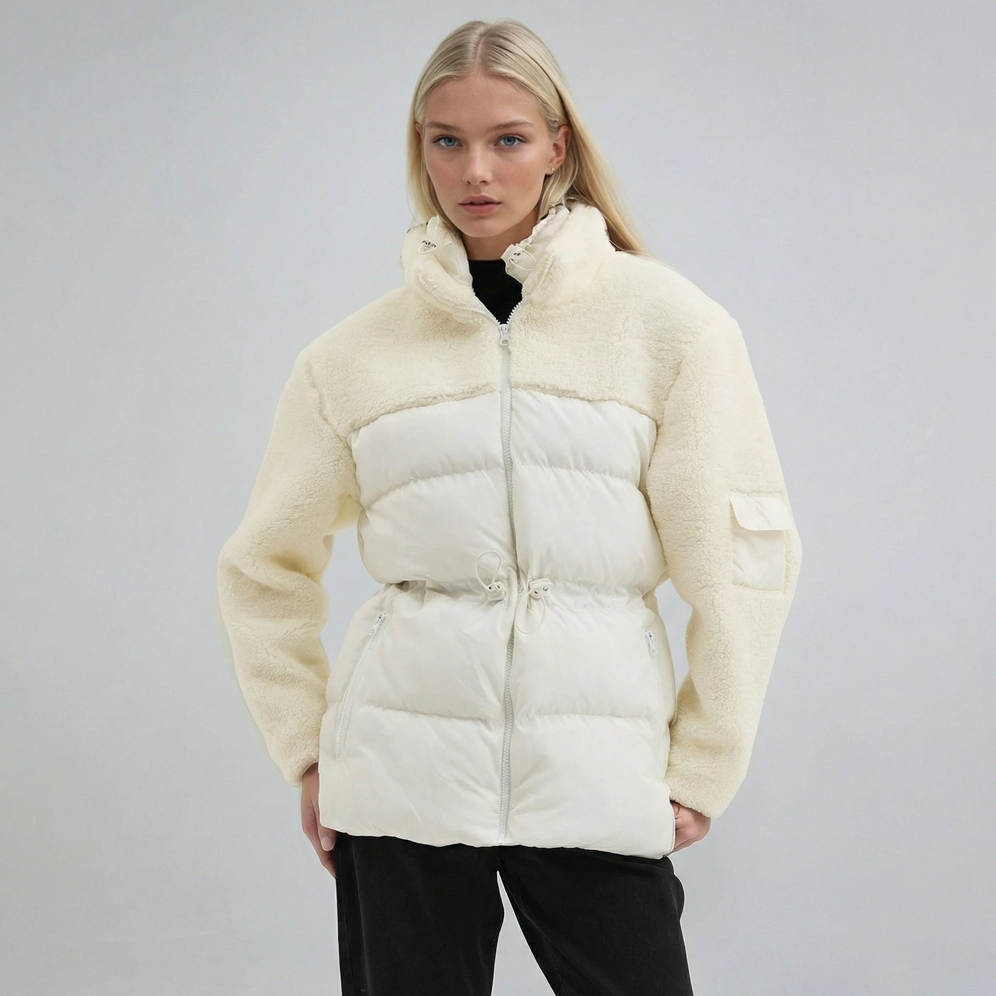 Weißer Hybrid-Steppmantel mit Stehkragen und Fleece-Einsätzen