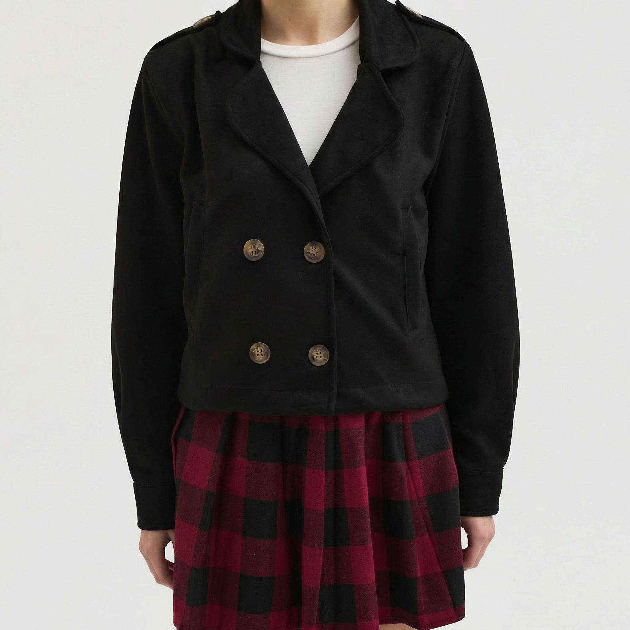 Schwarzes, zweireihiges Cropped-Overshirt im Oversized-Look