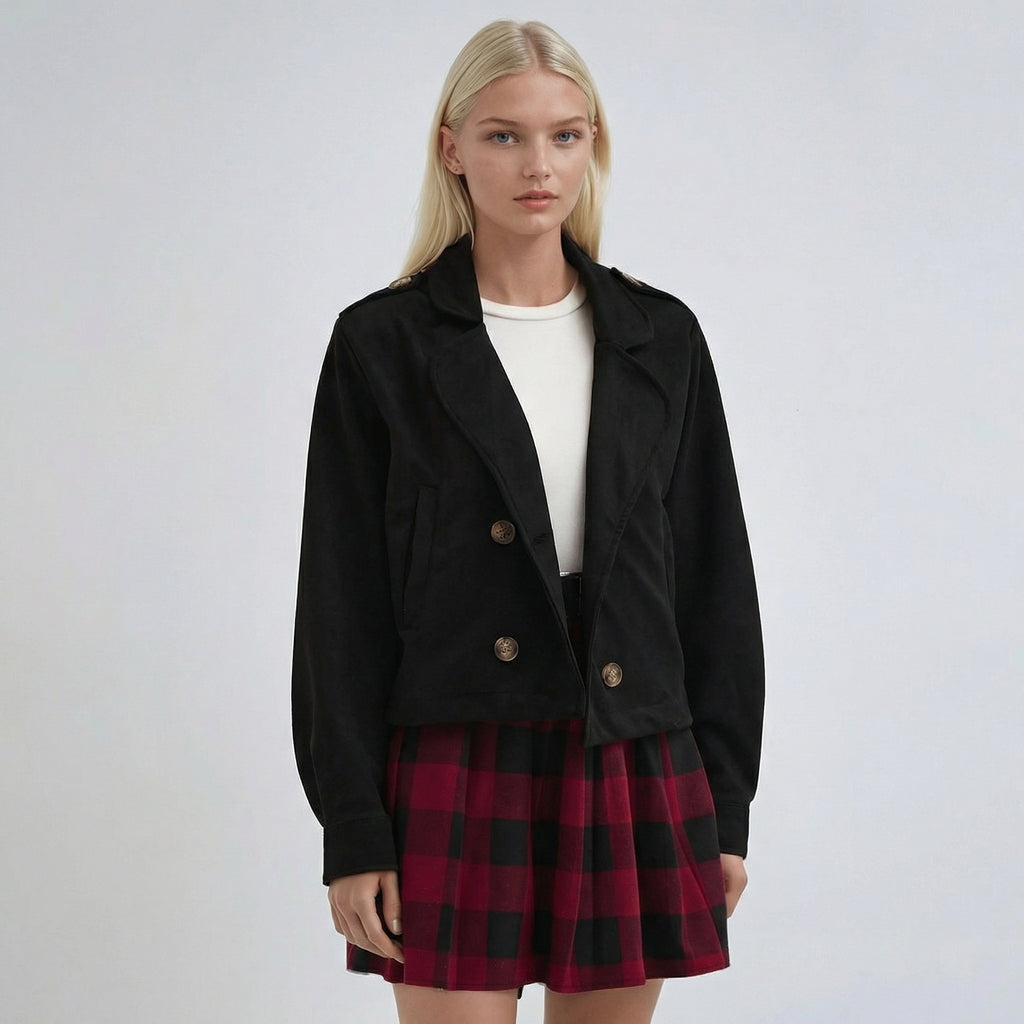 Black Double-Breasted Cropped Overshirt Jacket