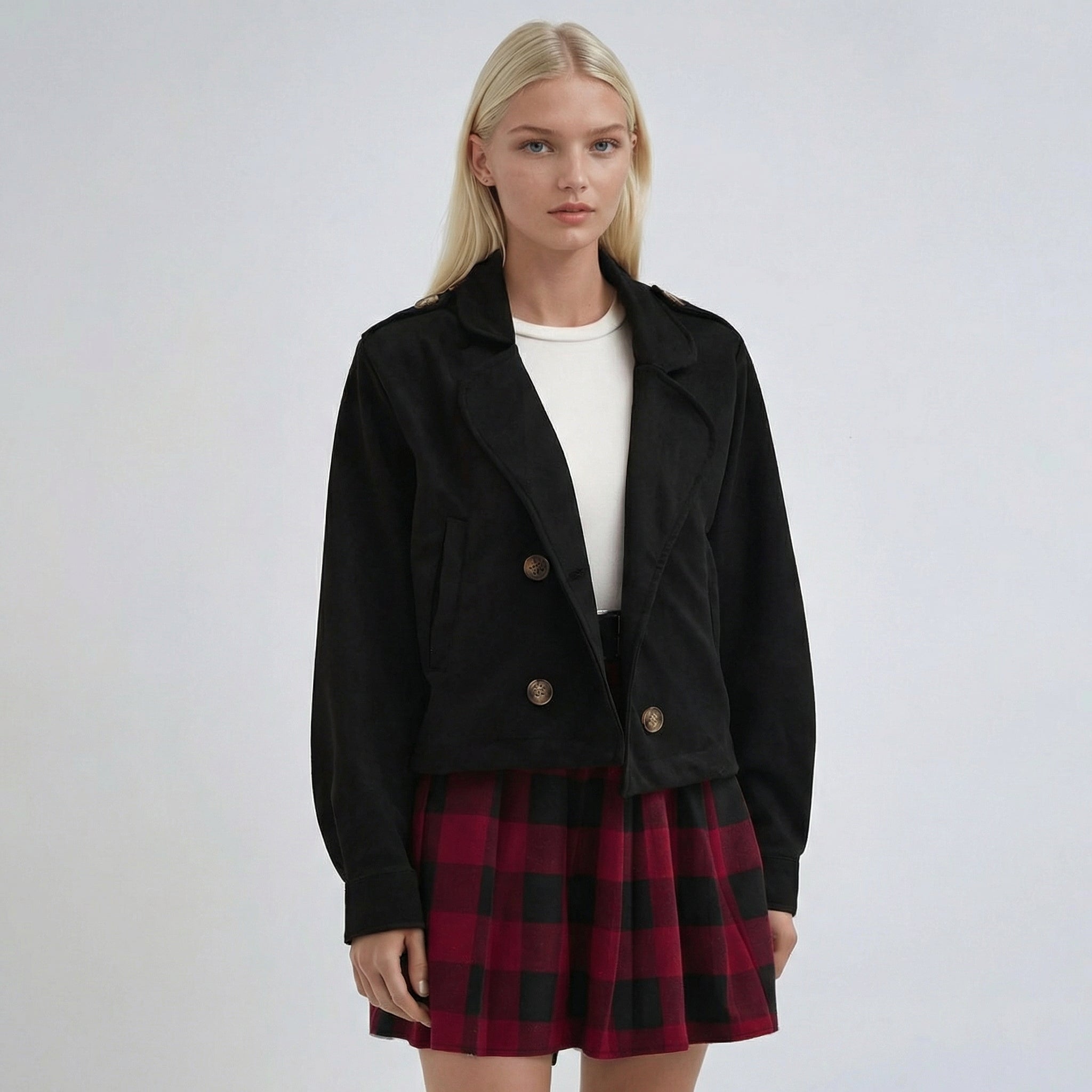 Schwarzes, zweireihiges Cropped-Overshirt im Oversized-Look