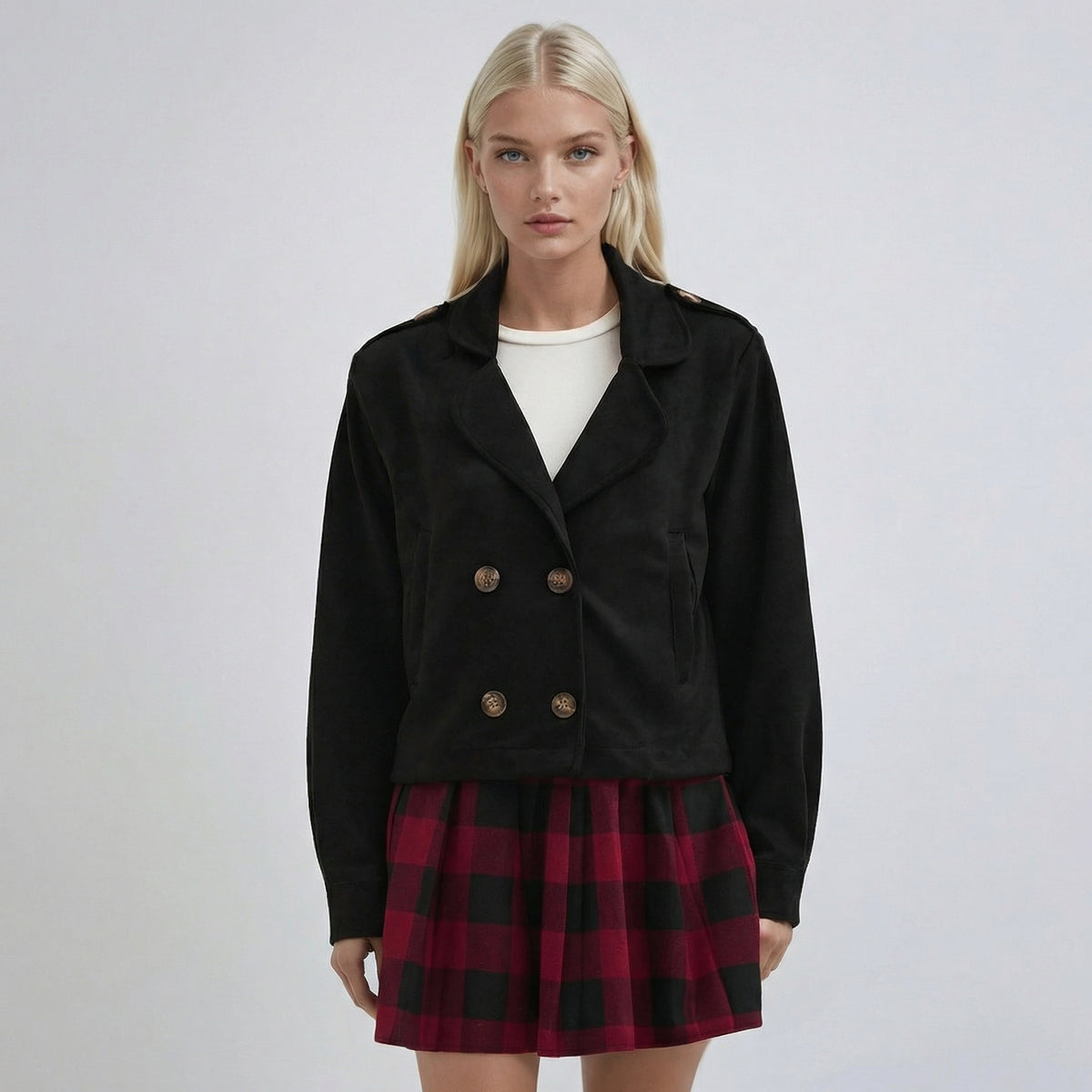 Schwarzes, zweireihiges Cropped-Overshirt im Oversized-Look