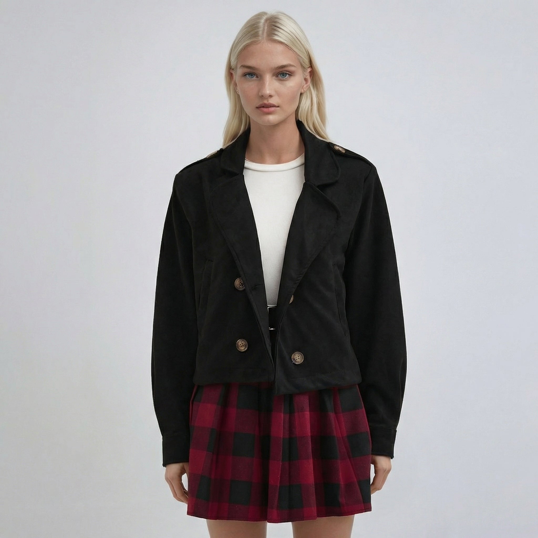 Schwarzes, zweireihiges Cropped-Overshirt im Oversized-Look