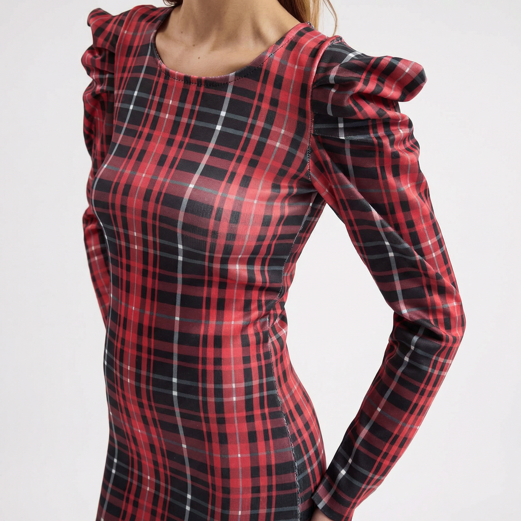 Enganlich anliegendes Mini-Karré-Kleid aus rotem Tartan mit Puffärmeln