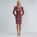 Enganlich anliegendes Mini-Karré-Kleid aus rotem Tartan mit Puffärmeln