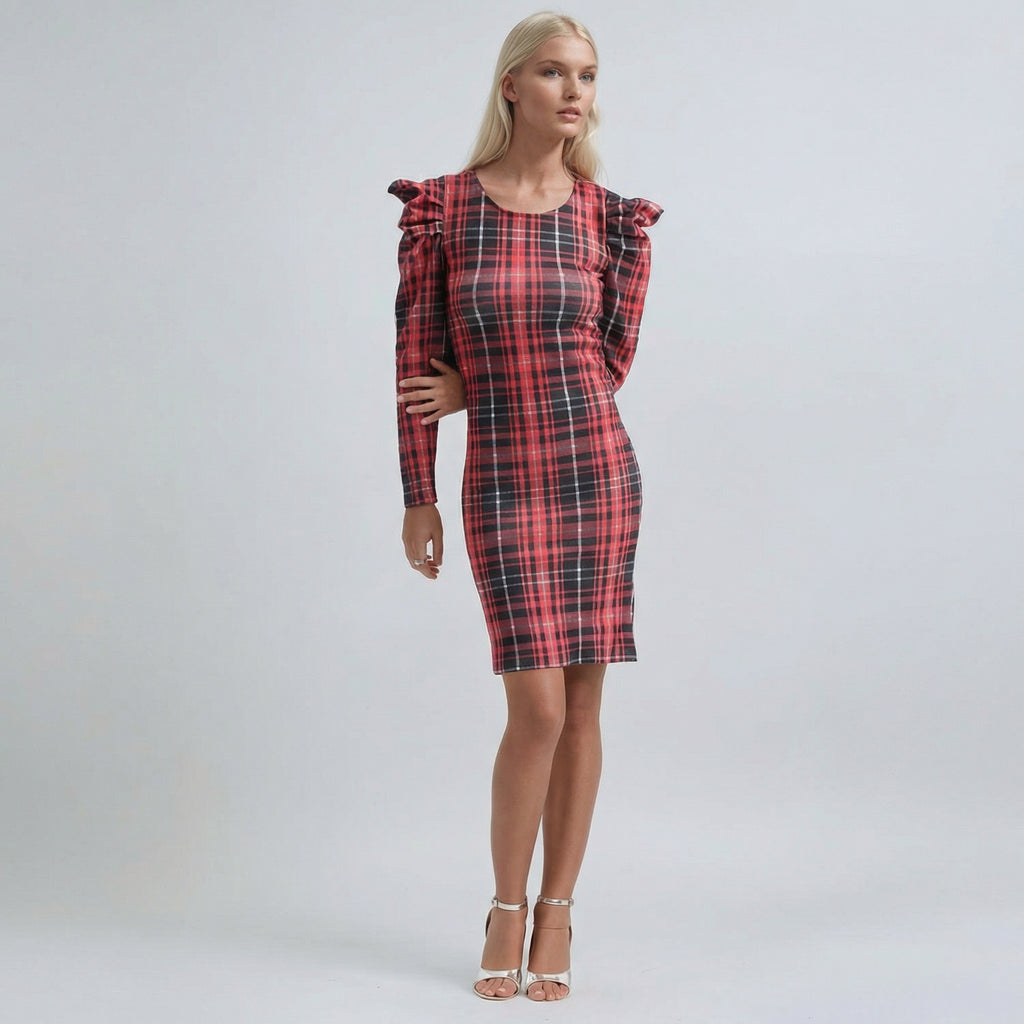 Enganlich anliegendes Mini-Karré-Kleid aus rotem Tartan mit Puffärmeln