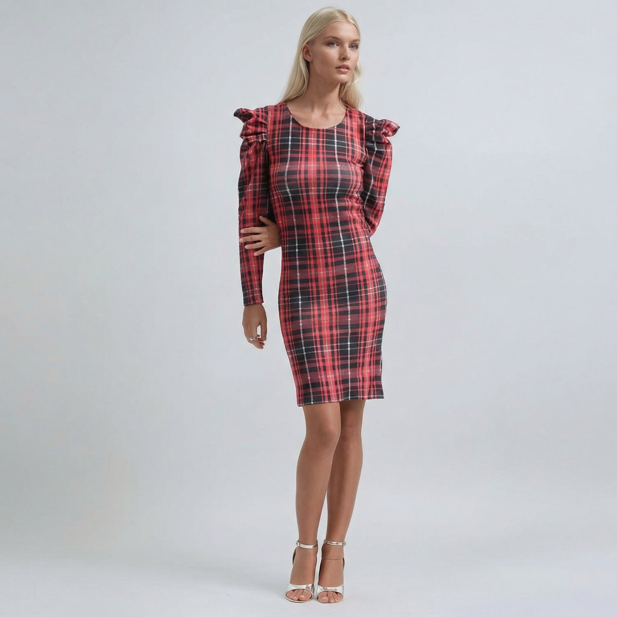 Mion-Gúna Bodycon Breictheáin Dearg le Muinchillí Puf