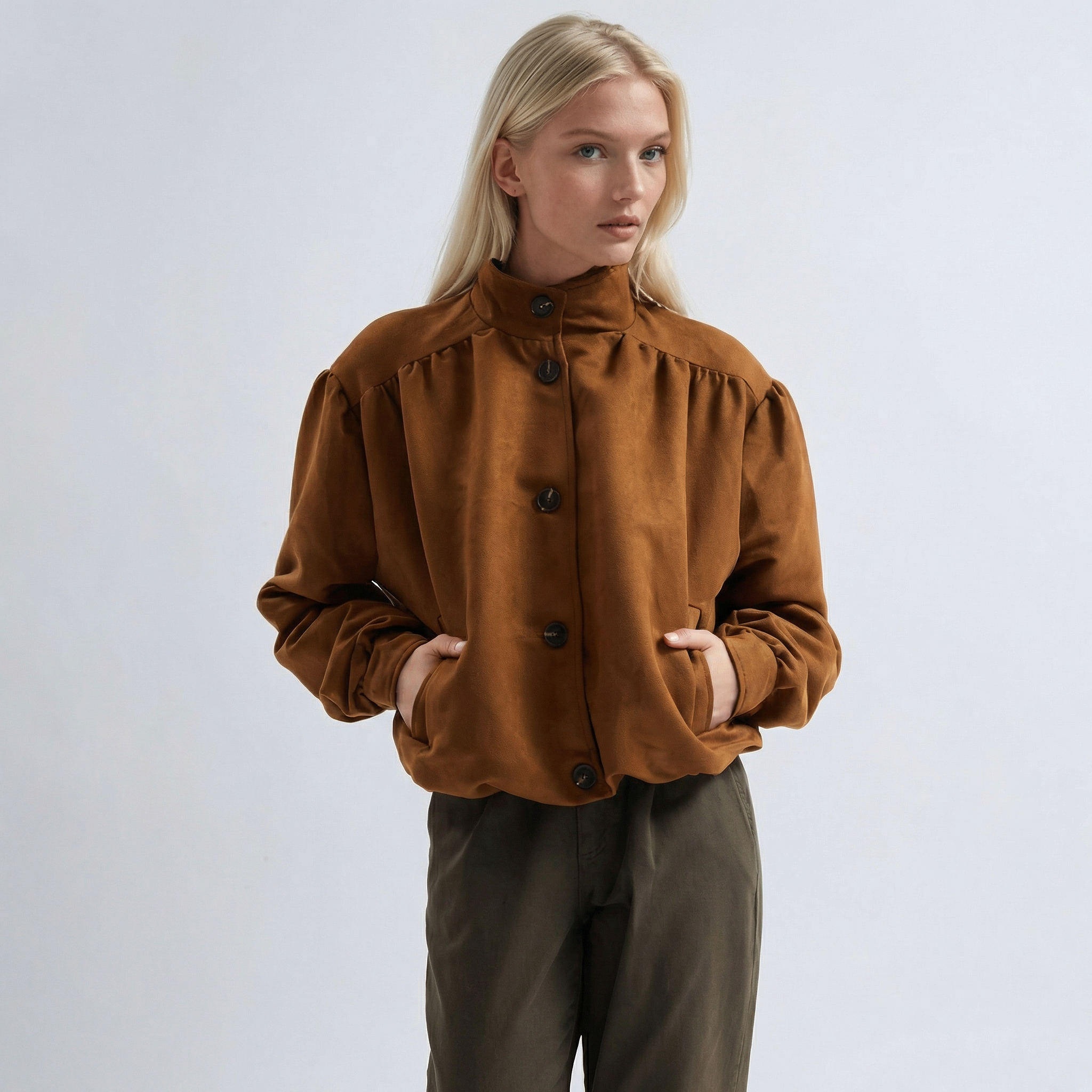 Braune, oversized geschnittene Casual-Jacke mit gerafften Schultern