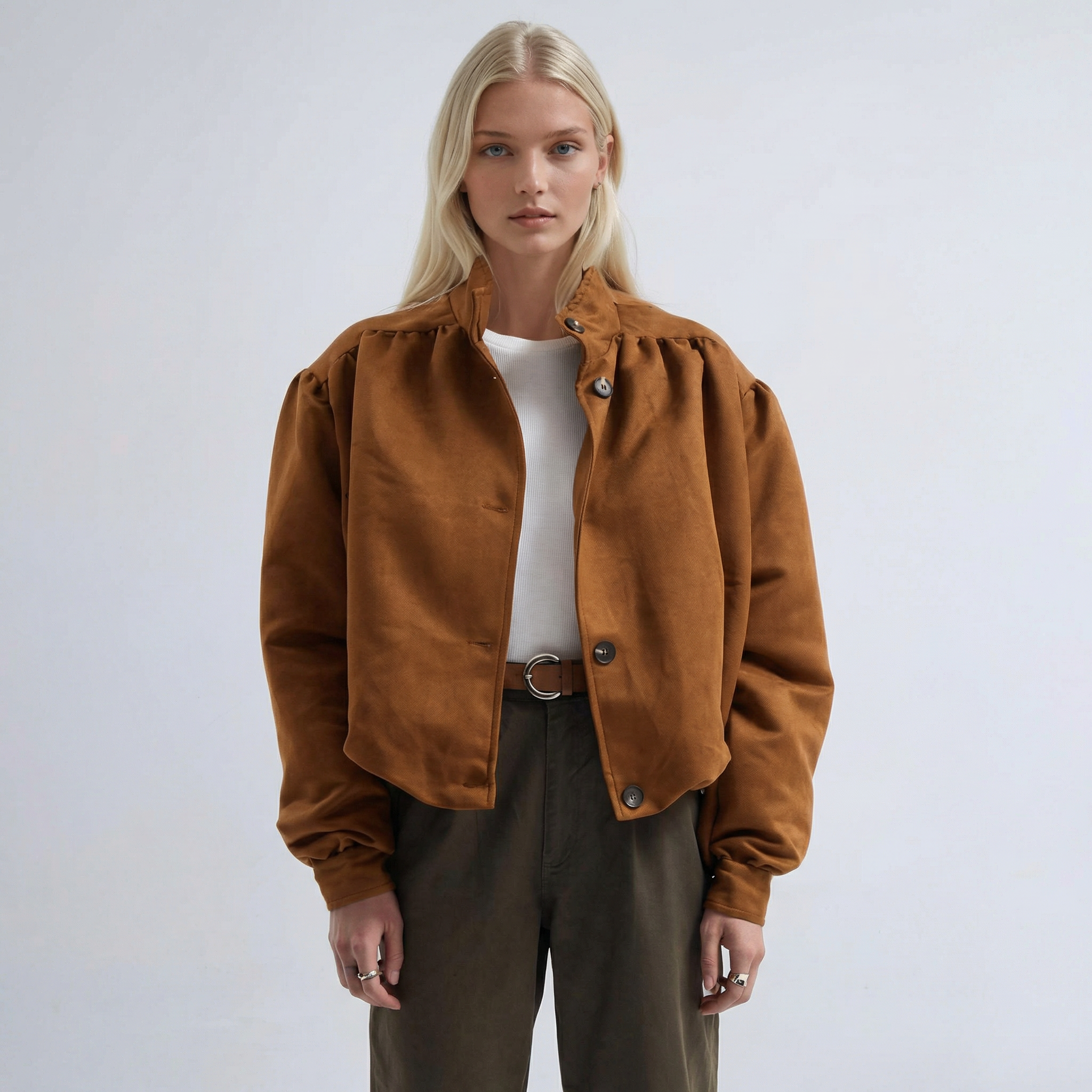 Braune, oversized geschnittene Casual-Jacke mit gerafften Schultern