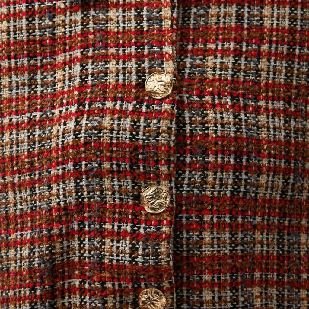 Retro Red Elegant Checkered Cropped Jacket with Gold Buttons