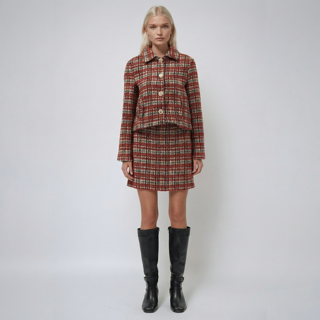 Retro Red Elegant Checkered Cropped Jacket with Gold Buttons