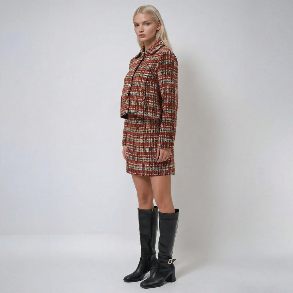 Retro Red Elegant Checkered Cropped Jacket with Gold Buttons