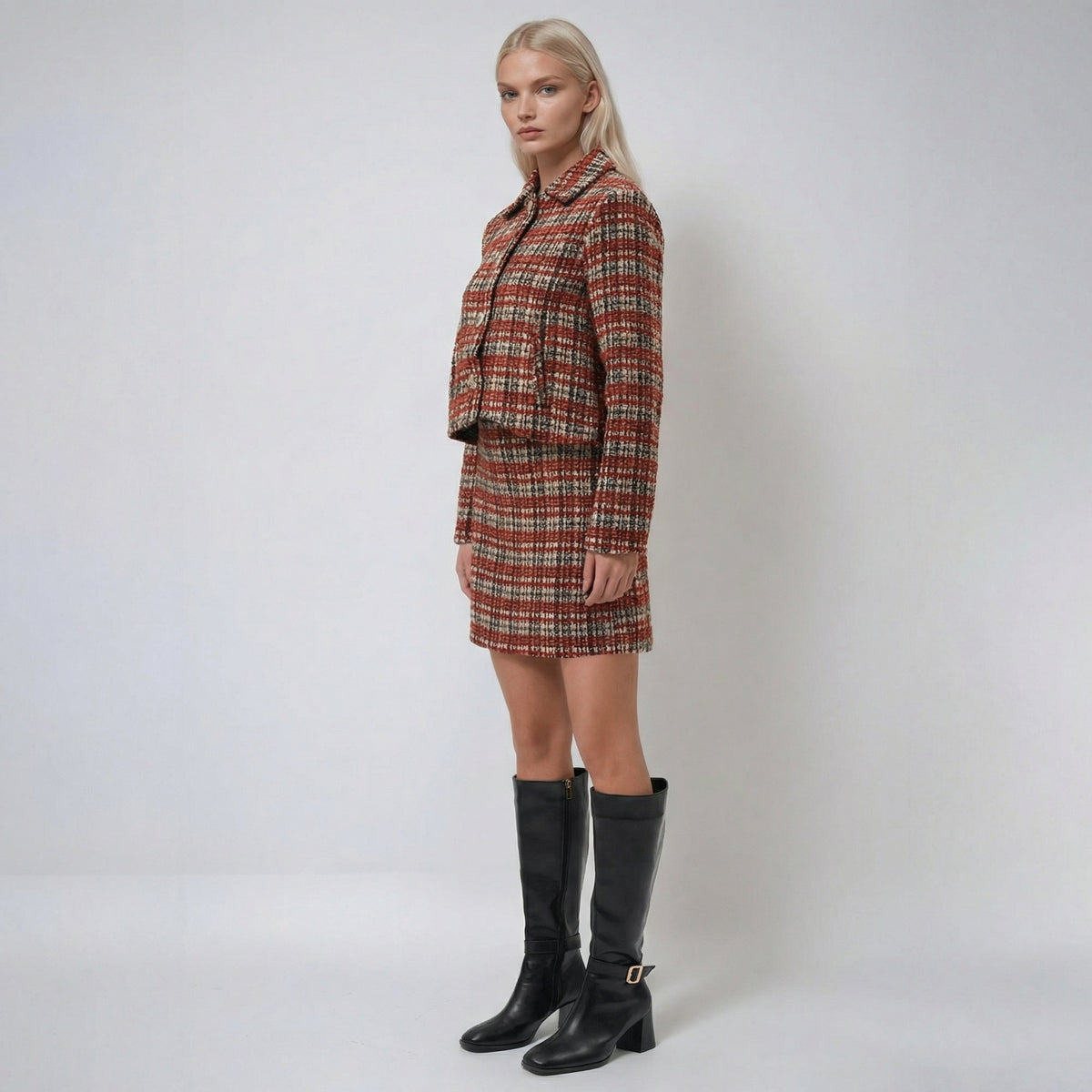 Retro Red Elegant Checkered Cropped Jacket with Gold Buttons