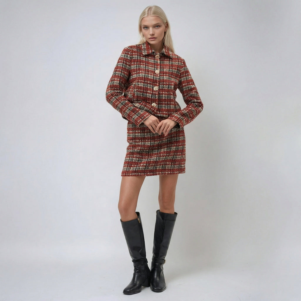 Retro Red Elegant Checkered Cropped Jacket with Gold Buttons