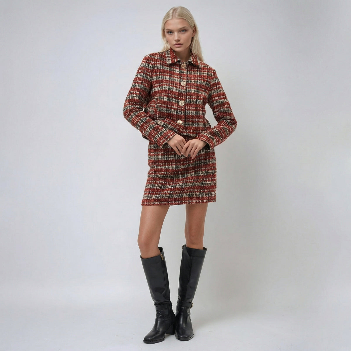 Retro Red Elegant Checkered Cropped Jacket with Gold Buttons