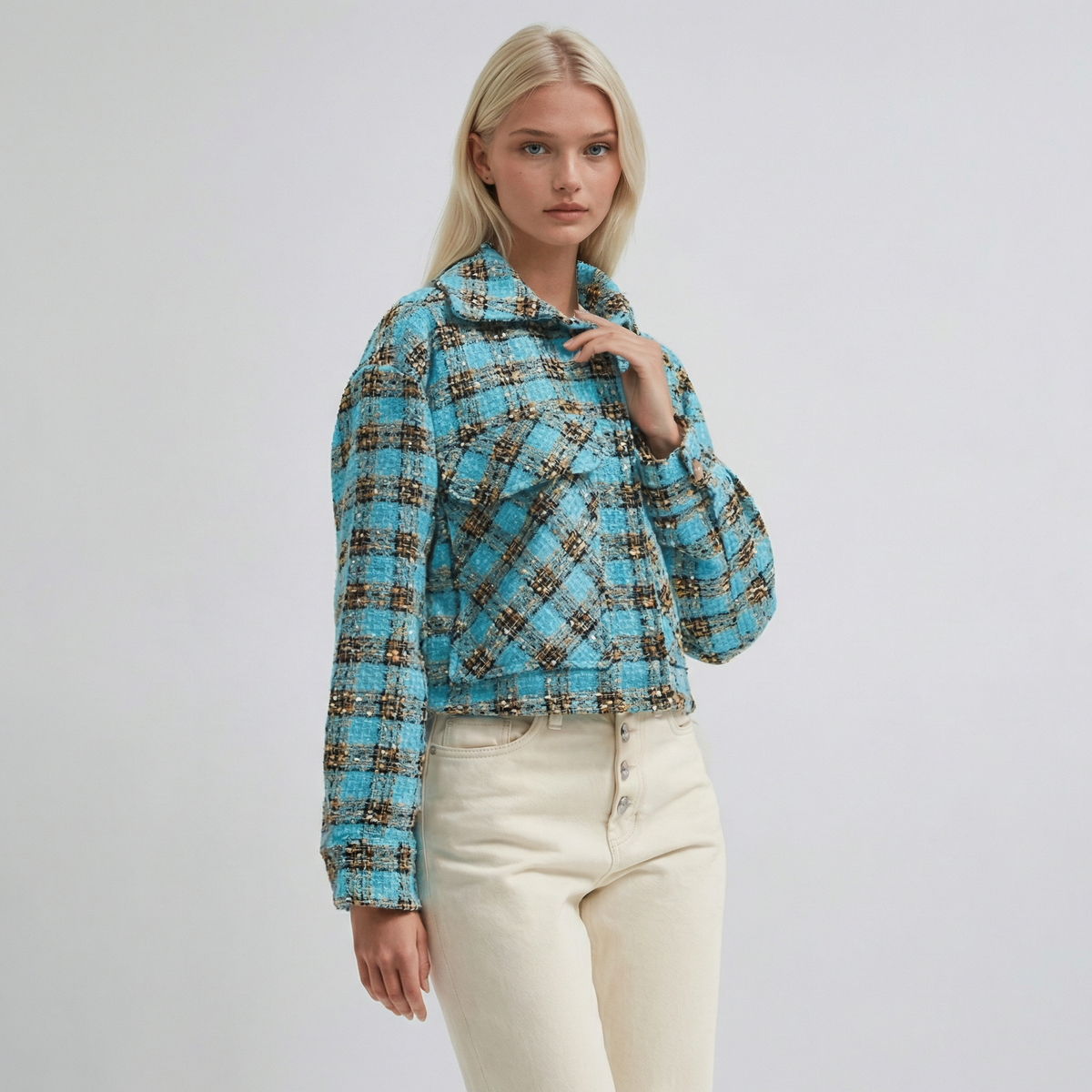 Blau karierte, strukturierte Casual-Cropped-Hemdjacke
