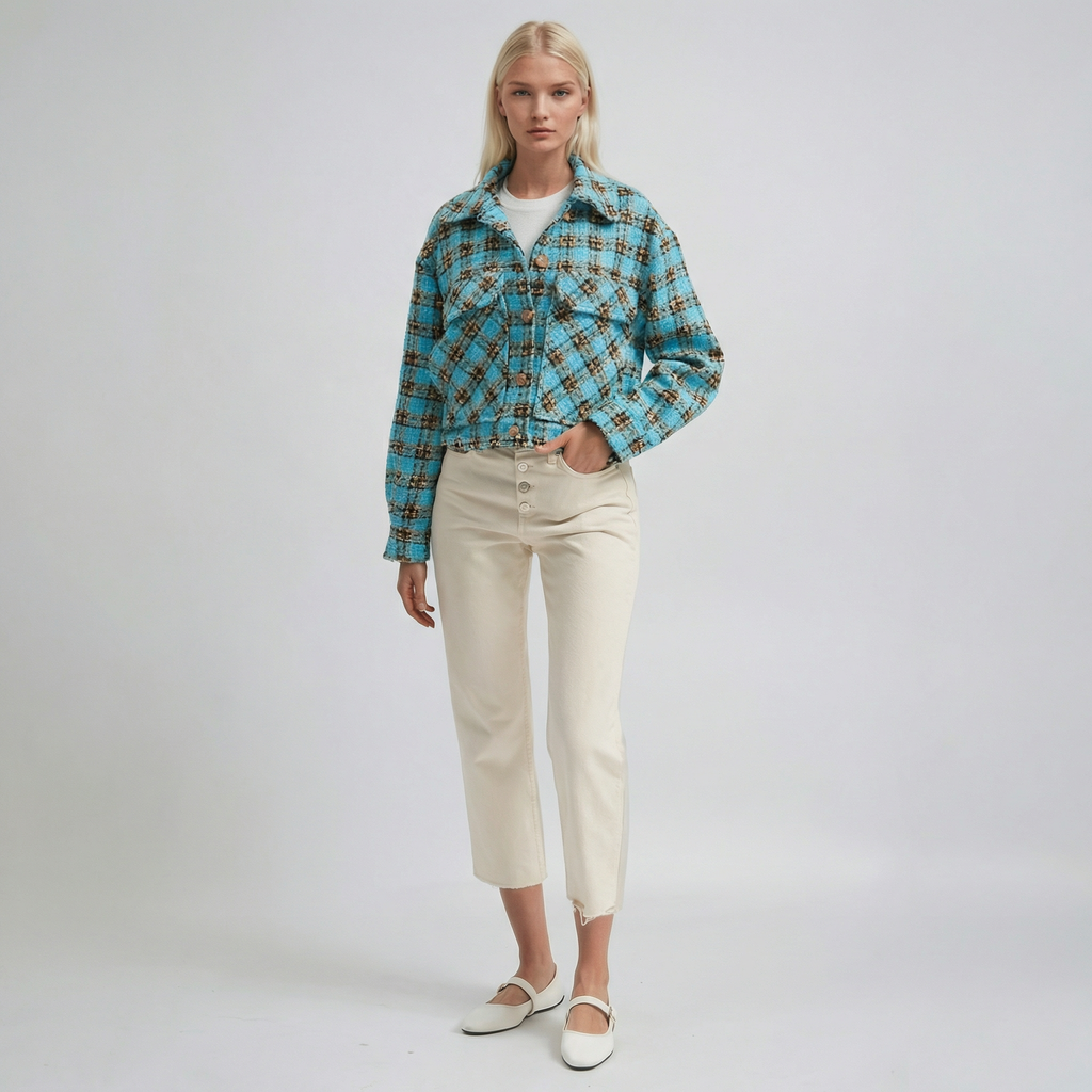 Blue Checkered Textured Cropped Casual Overshirt Jacket