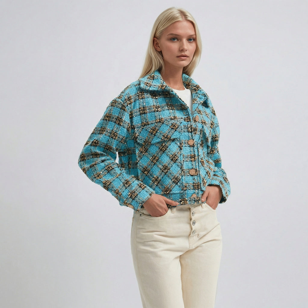 Blue Checkered Textured Cropped Casual Overshirt Jacket