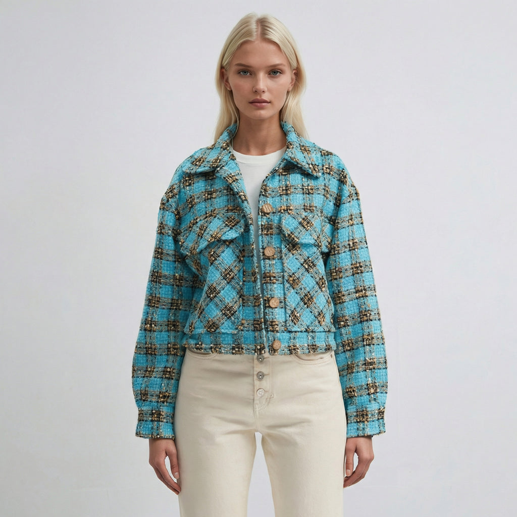 Blue Checkered Textured Cropped Casual Overshirt Jacket