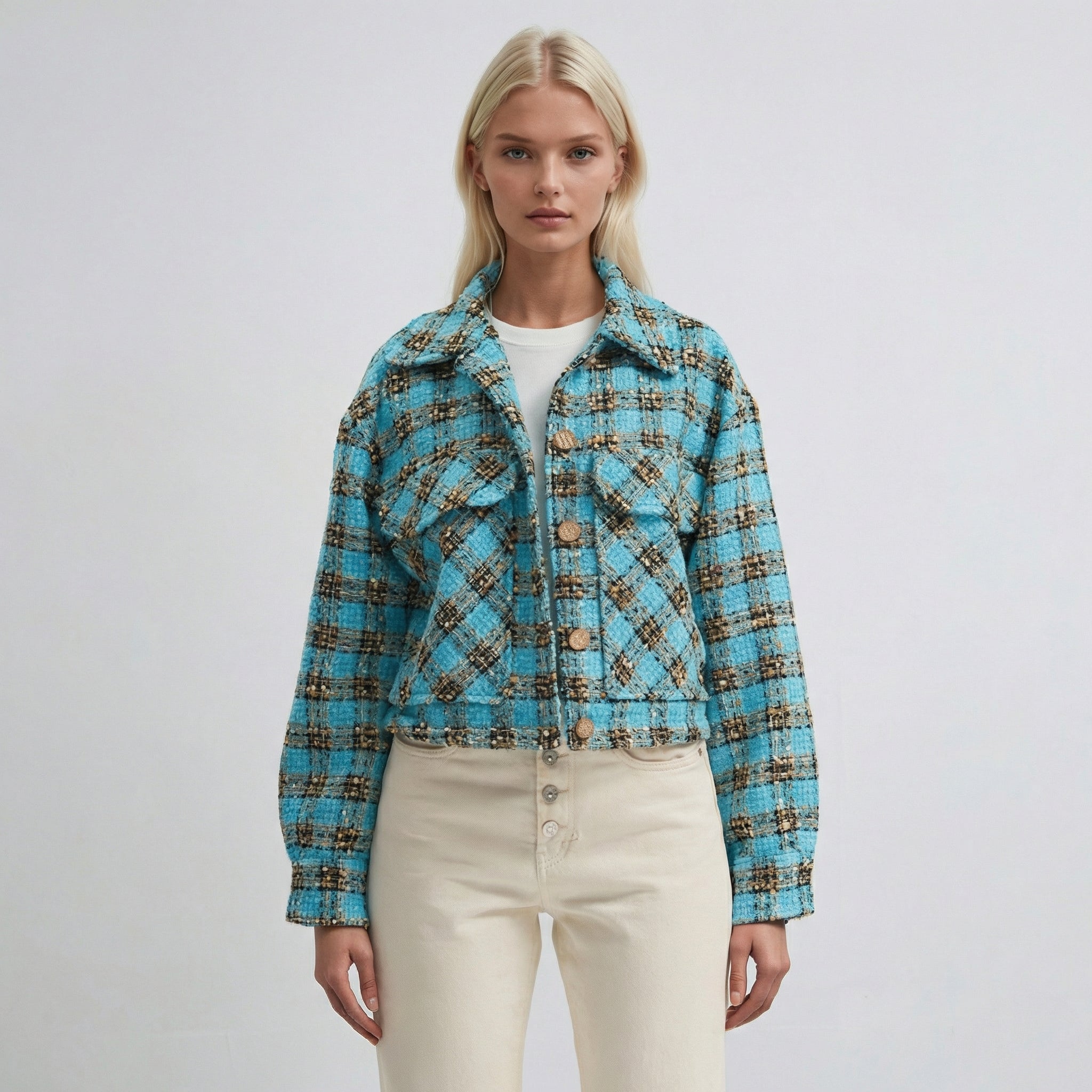 Blau karierte, strukturierte Casual-Cropped-Hemdjacke