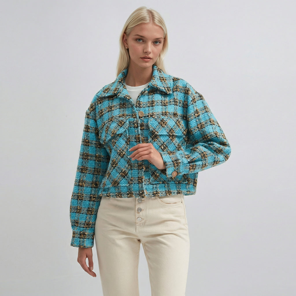 Blue Checkered Textured Cropped Casual Overshirt Jacket