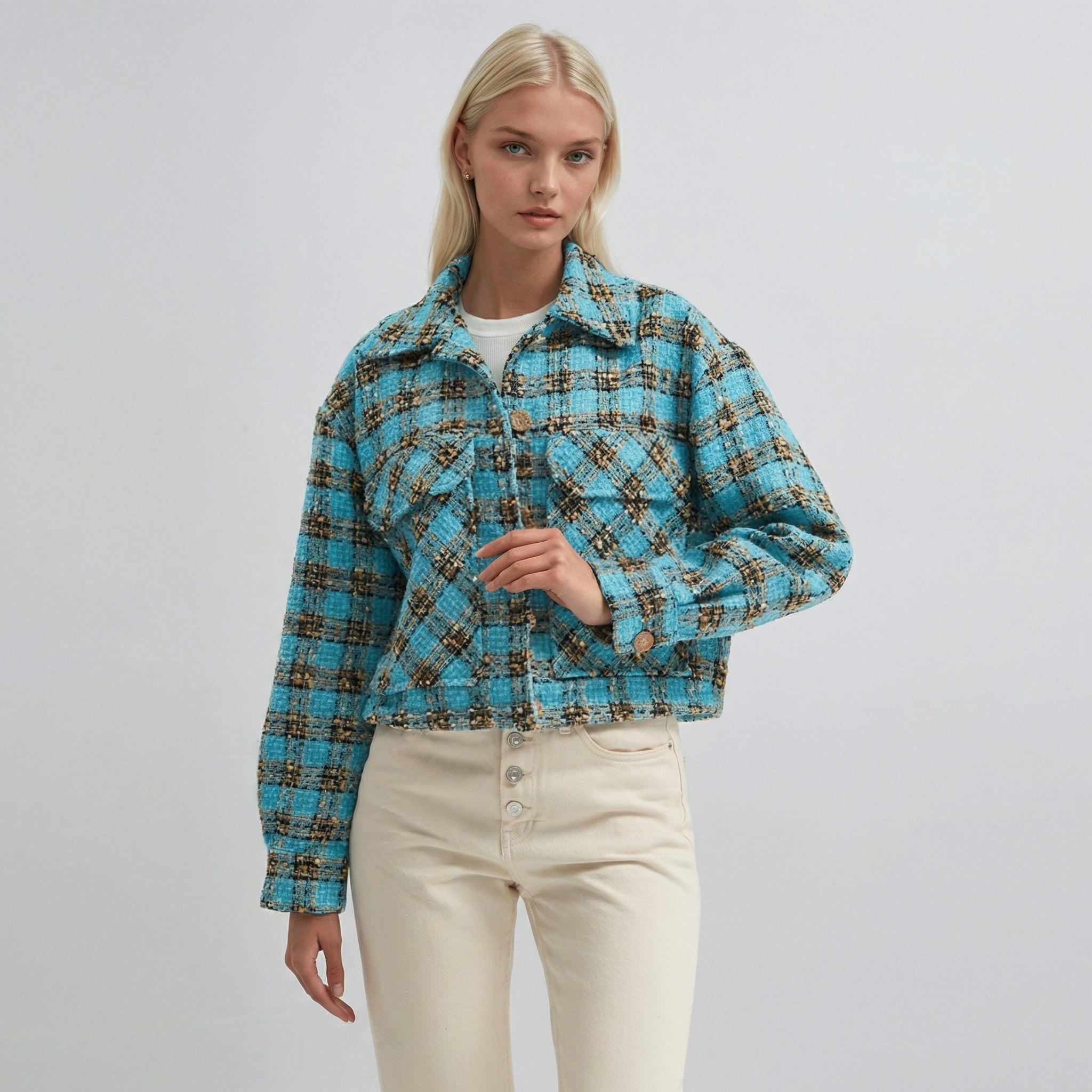 Blau karierte, strukturierte Casual-Cropped-Hemdjacke