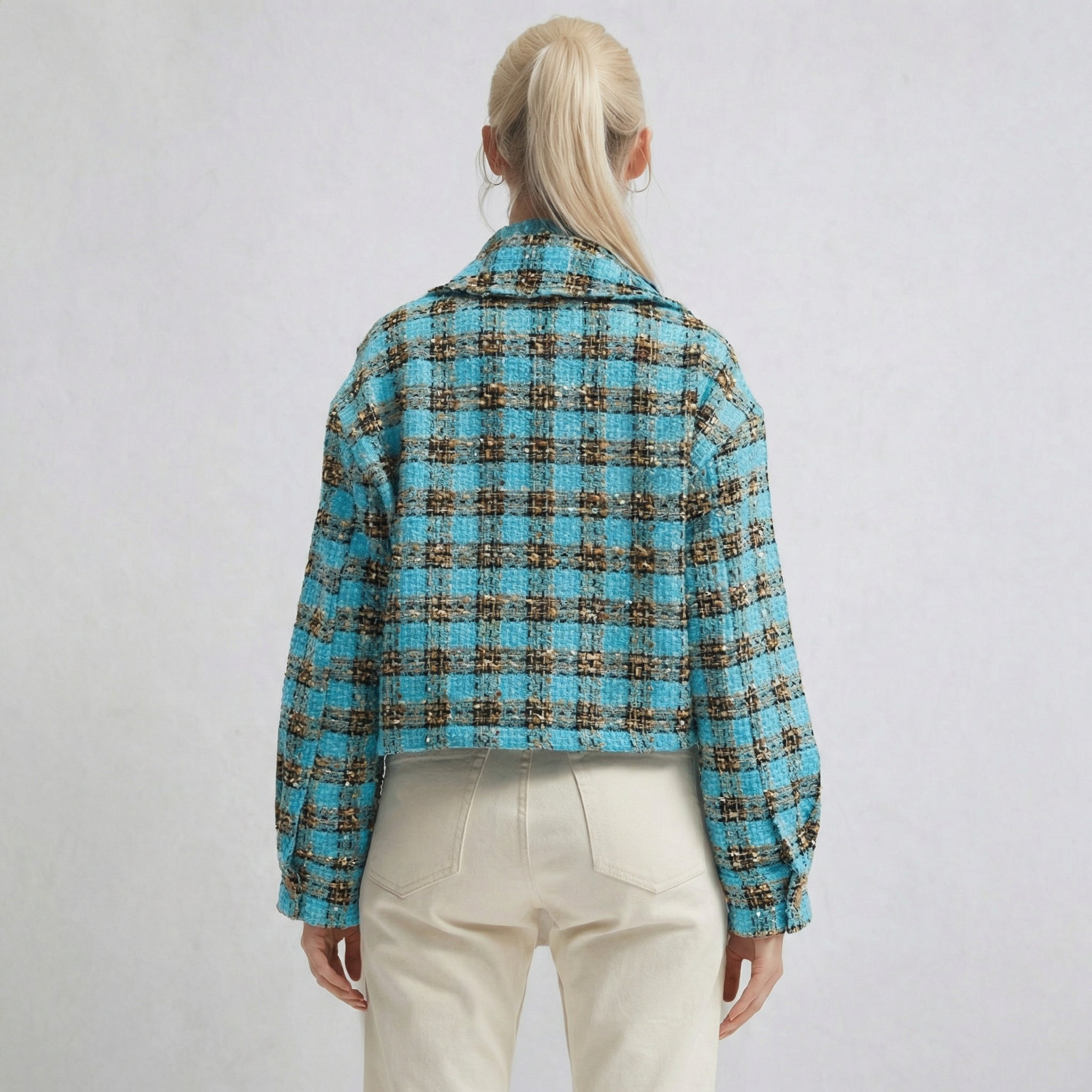 Blue Checkered Textured Cropped Casual Overshirt Jacket