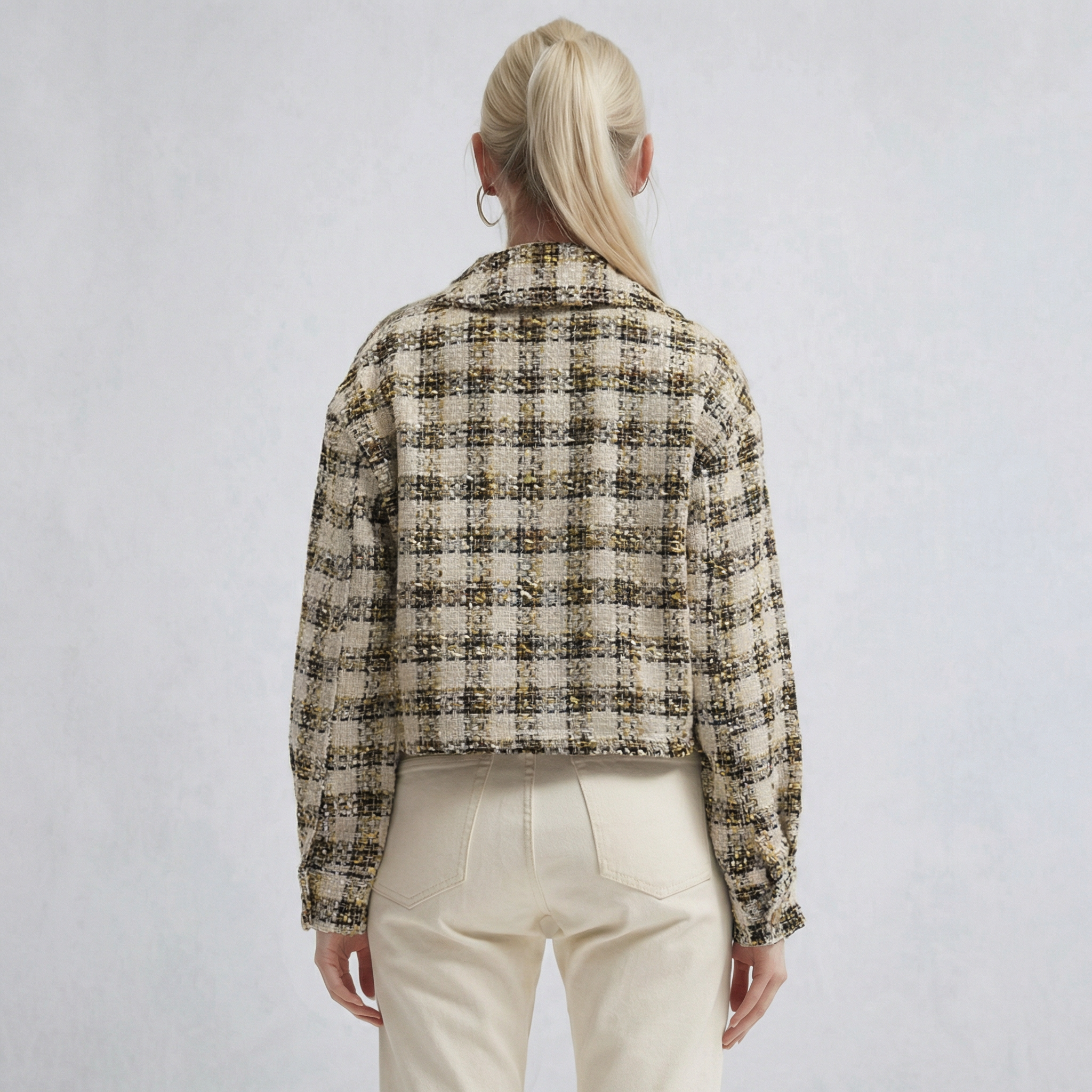 Beigefarbene, karierte Oversized-Shacket-Jacke mit Struktur