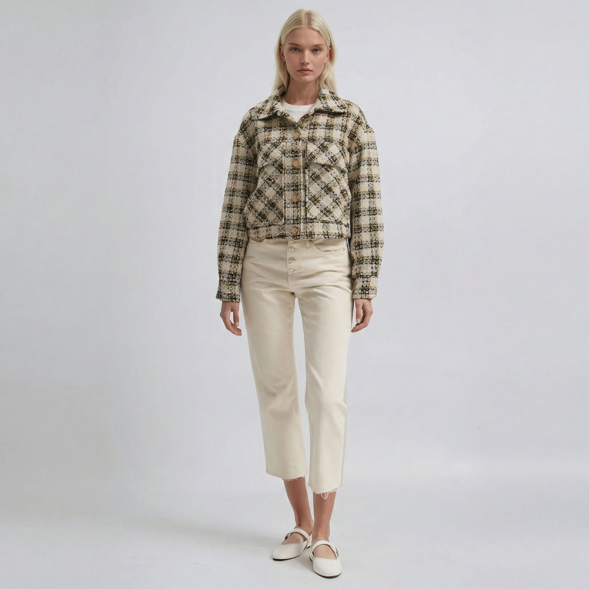 Beigefarbene, karierte Oversized-Shacket-Jacke mit Struktur