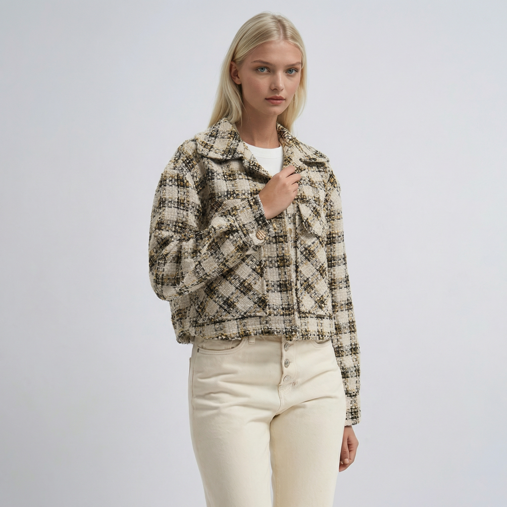 Beigefarbene, karierte Oversized-Shacket-Jacke mit Struktur