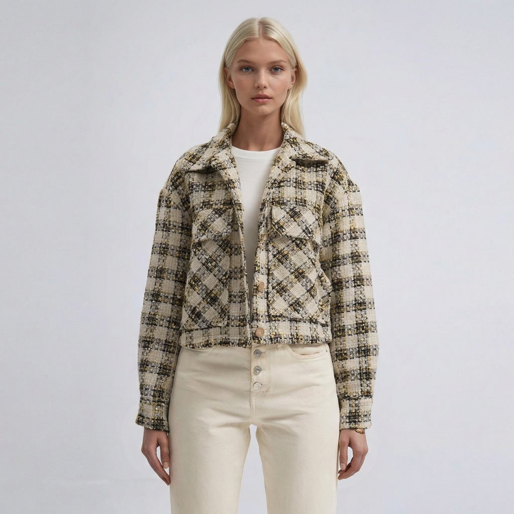 Beigefarbene, karierte Oversized-Shacket-Jacke mit Struktur