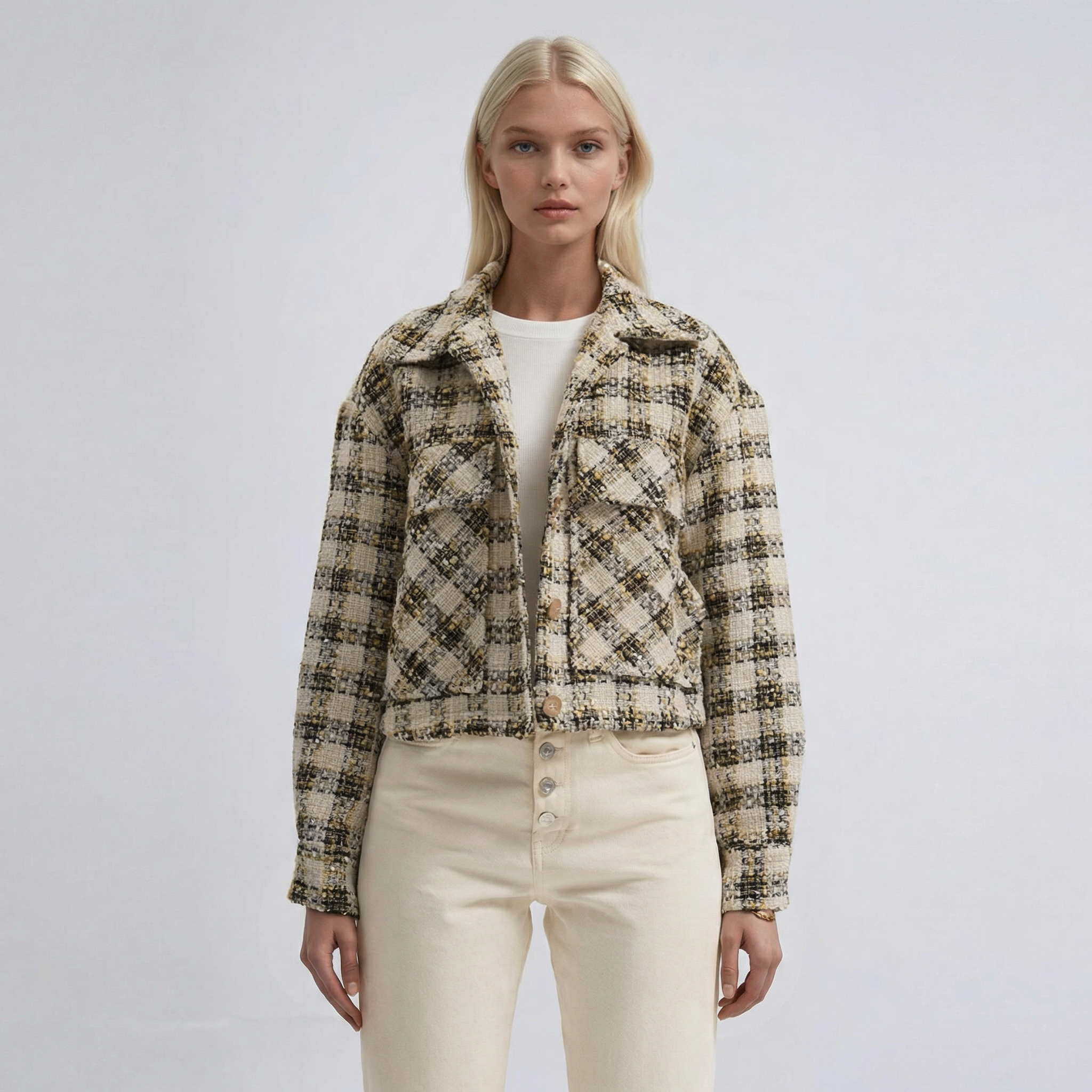 Beigefarbene, karierte Oversized-Shacket-Jacke mit Struktur