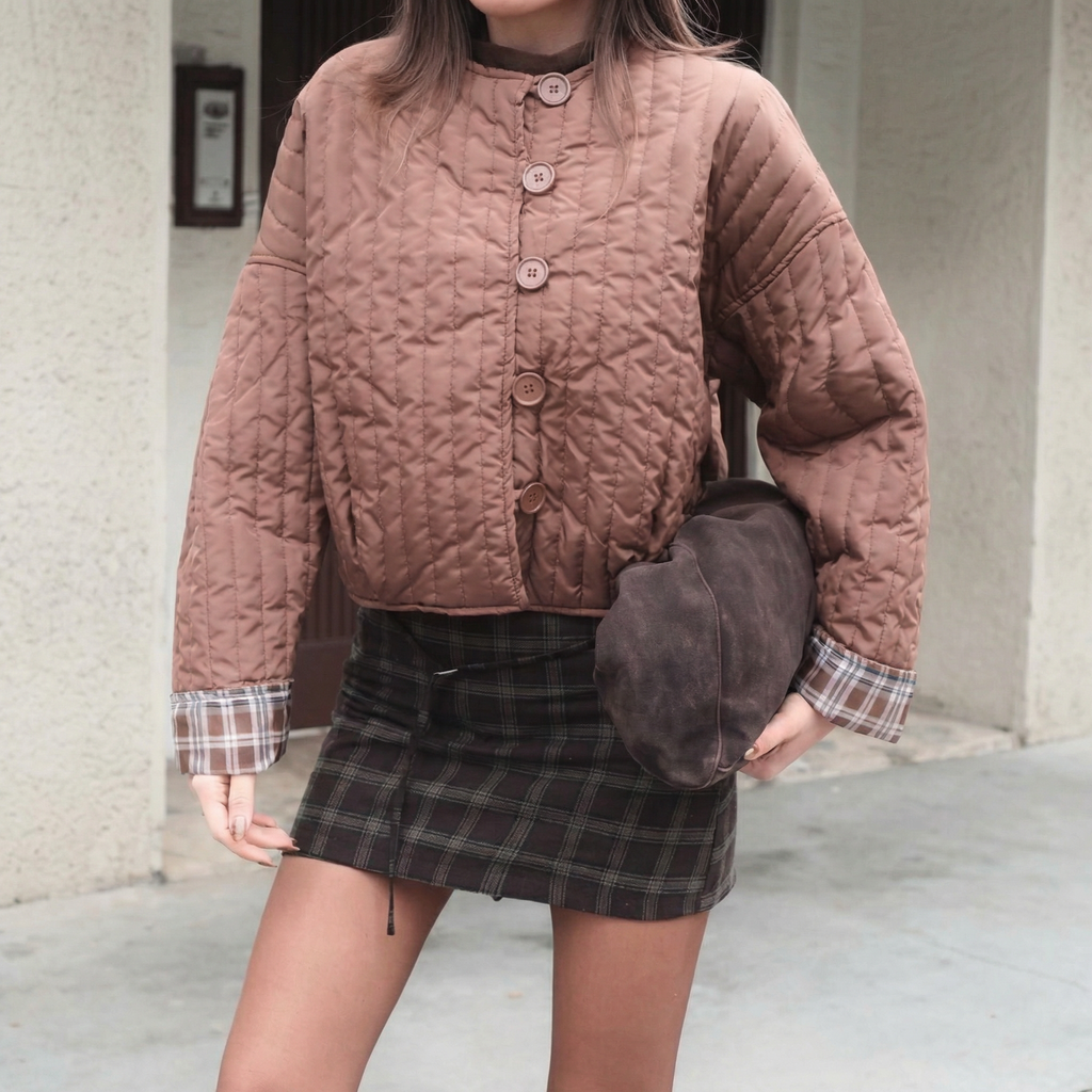 Braune gesteppte Cropped-Jacke mit Karomuster-Besatz im Oversized-Look
