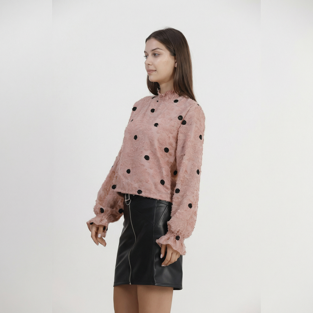 Polka Dot High-Neck Blouse with Textured Detailing in Powder
