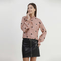 Polka Dot High-Neck Blouse with Textured Detailing in Powder