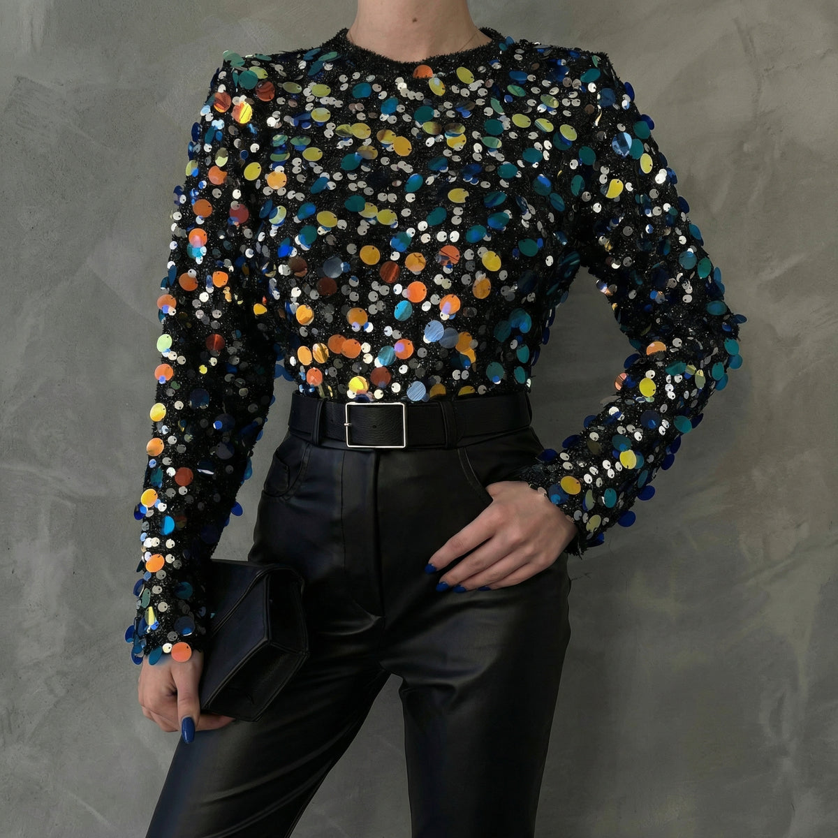 Schwarze Pailletten-Disco-Bluse mit buntem Schimmer