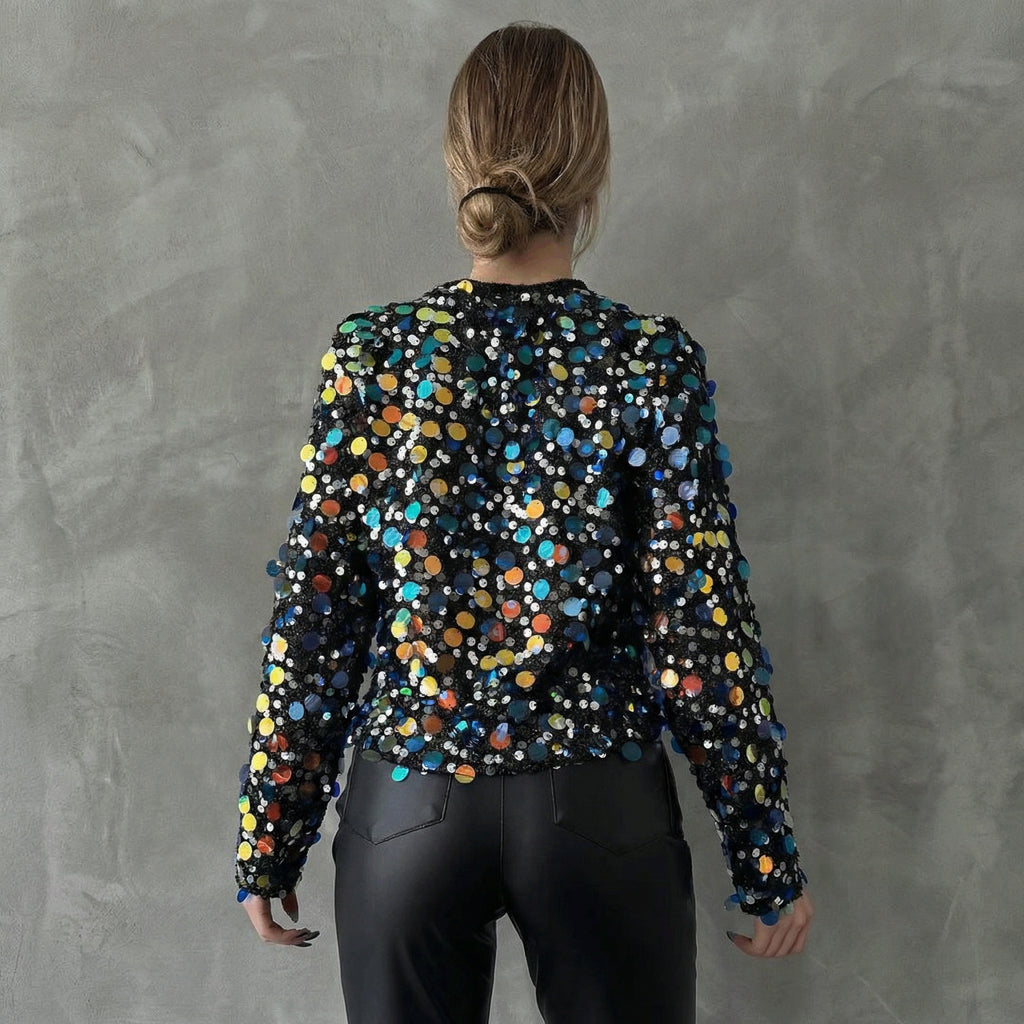 Black Sequin Palette Disco Blouse with Multi-Coloured Shimmer